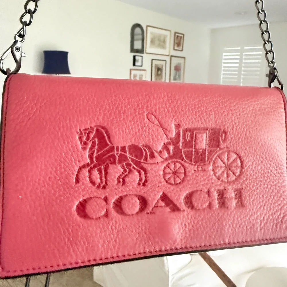 Coach Deep Pink Anna Foldover Pebbled Leather Horse & Carriage Crossbody Clutch